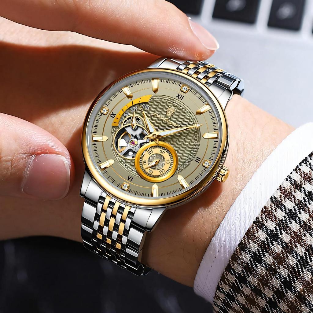 POEDAGAR Fashion Business Men Automatic Mechanical Watch Waterproof Luminous Hollow Tourbillon Male Clock Steel Strap Men's Watches