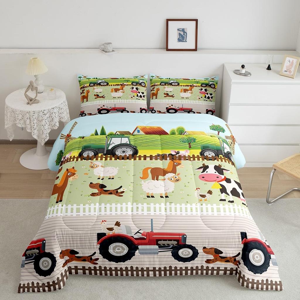 Tractor Bedding Sets for Boys Twin Size Toddler Kids Cute Cartoon Farm Animals Comforter Set Girls Children Farmhouse Country Down Comforter