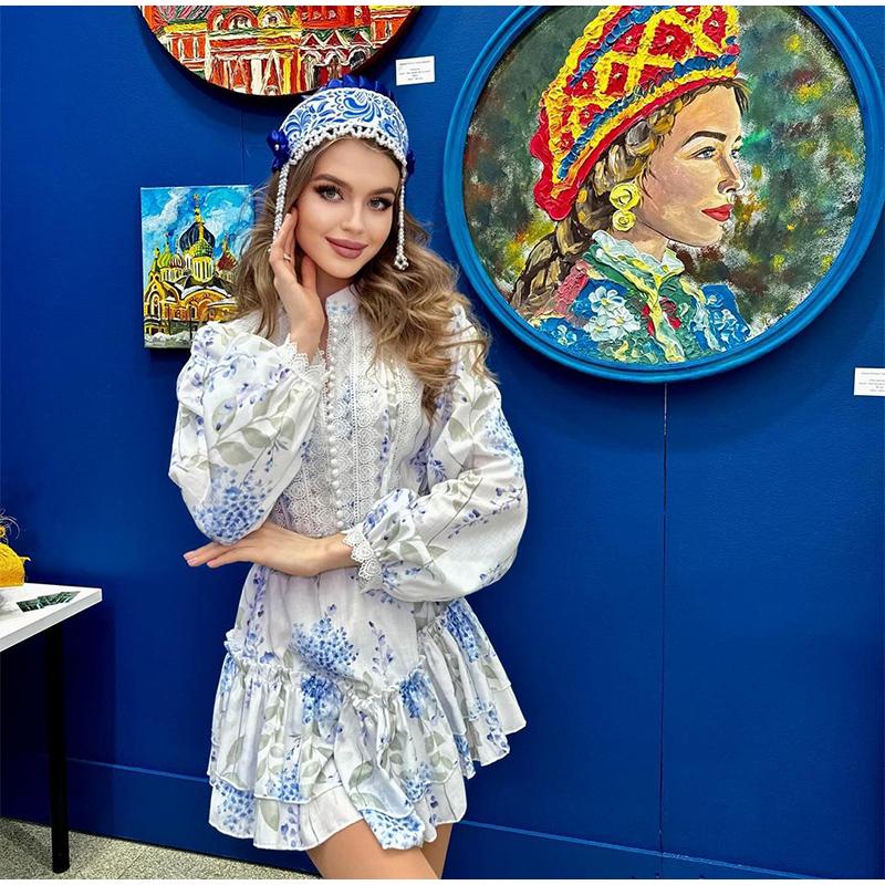 Ladies' Printed Stand Up Collar Bubble Sleeve Long Sleeved Ruffle Edge Short Skirt Casual Slim Fit Dress Blue Print Summer New Collection Waist Dress