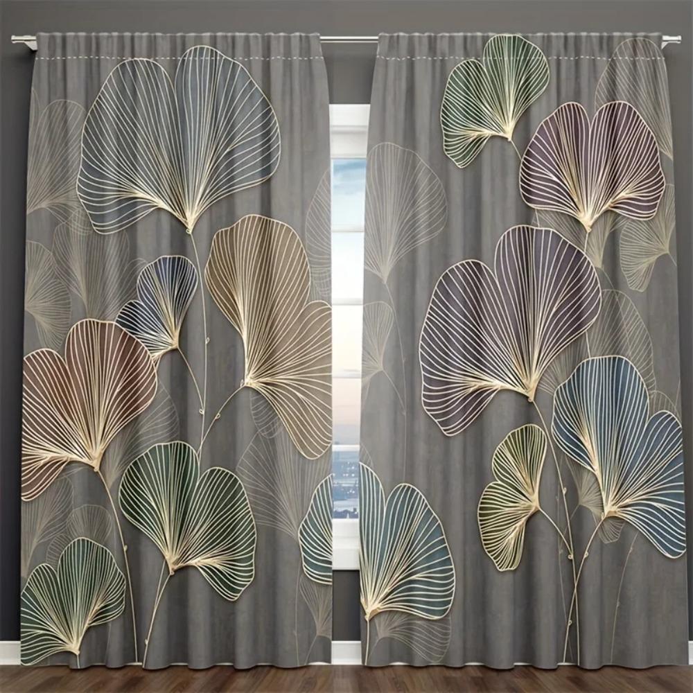 2pcs, Golden Black Flowers Rod Pocket Pocket Digital Printing Curtains,Polyester Material, Suitable For Living Room,Bedroom