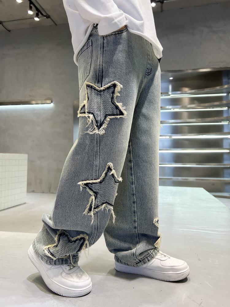 Autumn 2025 Boys' Star Denim Wide Leg Jeans - Big Kids' Loose Fashion Trousers