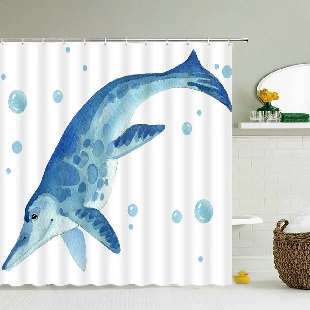 Fun Cartoon Sea Animal Shower Curtain, Sea Turtle Octopus Jellyfish Whale Crab Sea Life Landscape, Bathroom Shower Curtain Set