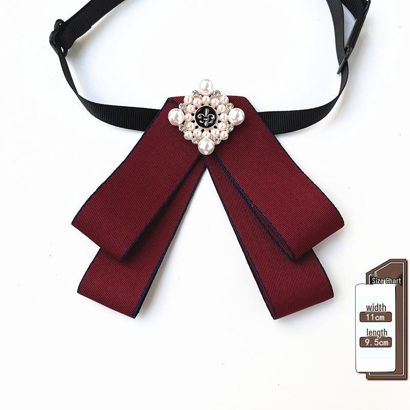 Korean Retro Bow Tie & Pearl Brooch - Women's Uniform Accessory