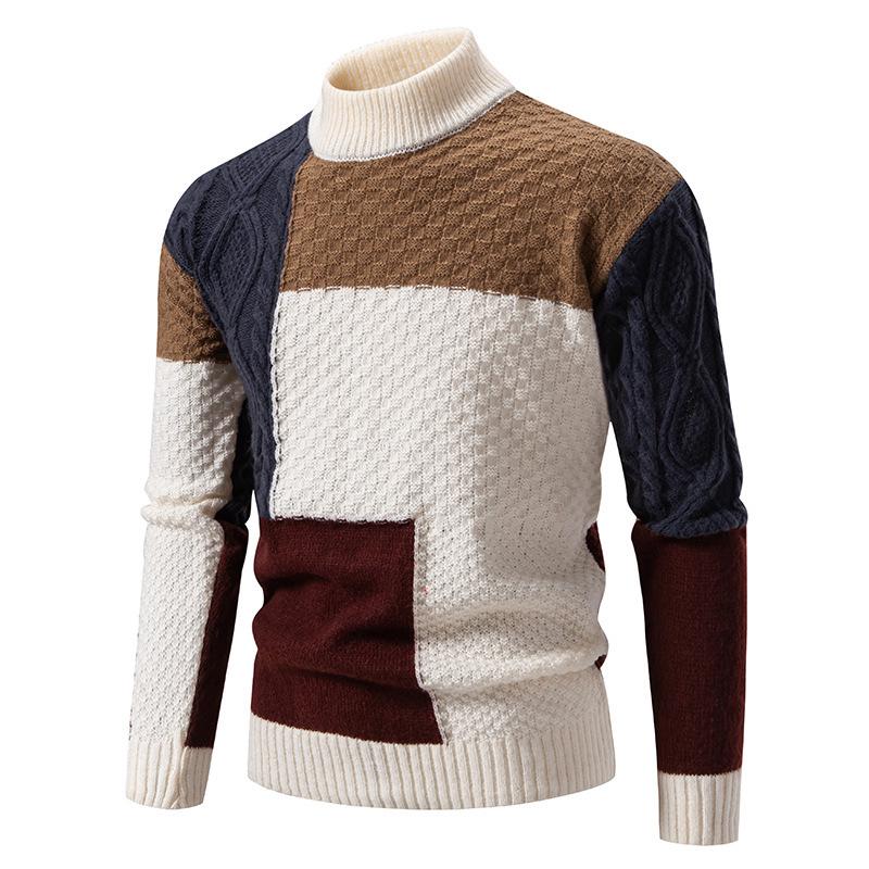 2024 Men's Color Block High Neck Sweater, Trendy Plus Size Knitwear for Autumn/Winter