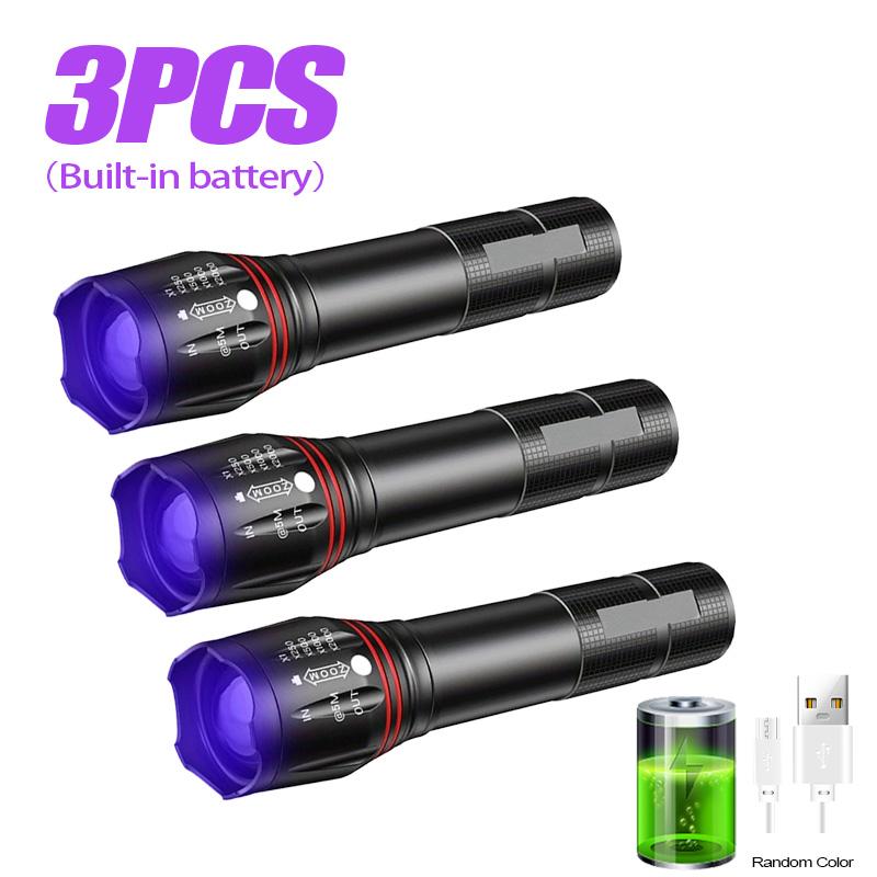 1/2/3PCS T6 LED UV Flashlight Zoomable Torch Light for Ink Dryer Money Fluorescer Detector UV Oil Curing Purple Light Torch