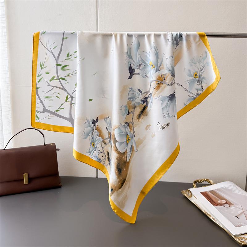 

Шарф из искусственного шелка с принтом «Магнолия Шарм», квадратный шарф, шаль высокого класса, универсальный шейный платок, маленький квадратный шарф, головной платок unilateral 66-70CM