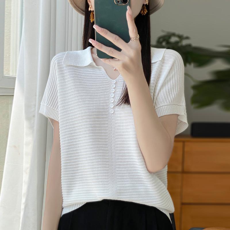 Women Knit T-shirt Summer Knitted Shirt Short Sleeve Tees Turn-down Collar Pullover Knit Tops Female