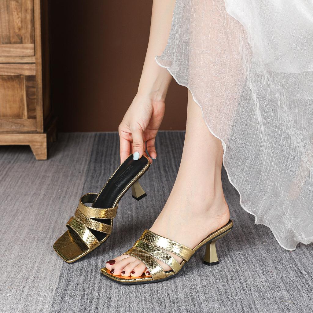 Fashion gold/silver high heels slippers women cutout leather band flip flops open toe glitter summer shoes woman sandalias mujer 2025