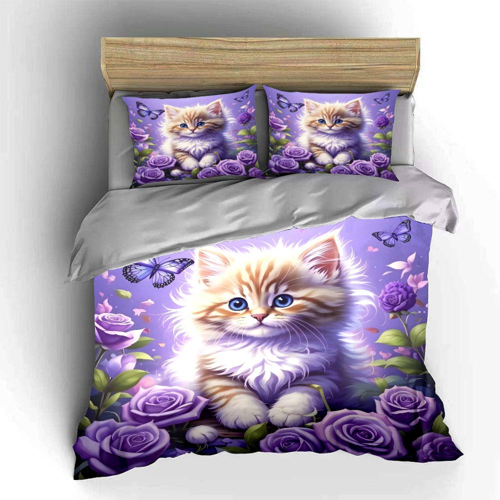 Blue-Eyed Cat Among Purple Roses Duvet Cover Set With 3D Printing Design Soft Polyester Bedding Set All-Season Comfort