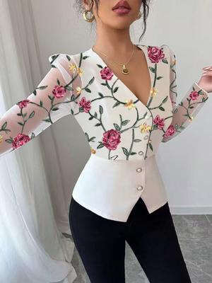 Dames Elegante Retro Geborduurde Kant Blouse met V-hals
