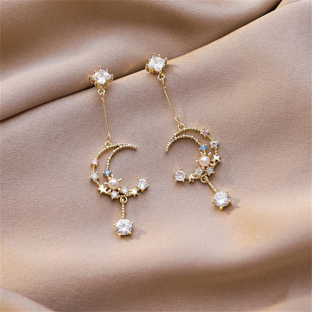 Trendy Shiny Rhinestone Moon Dangle Earrings For Women Temperament Moon Star Tassel Drop Earrings Wedding Party Jewelry Gifts