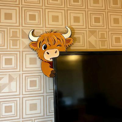 Cute Highland Cow Door Topper Small Wooden Door Frame Corner Sign Cartoon Cattle Computer Monitor Decor for Living Room Bedroom Office