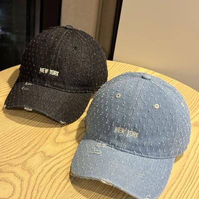 Korean-style Embroidered Letter Distressed Washed Denim Baseball Cap for Women, Spring and Autumn, Face-slimming, Wide-brimmed Duckbill Cap, Trendy