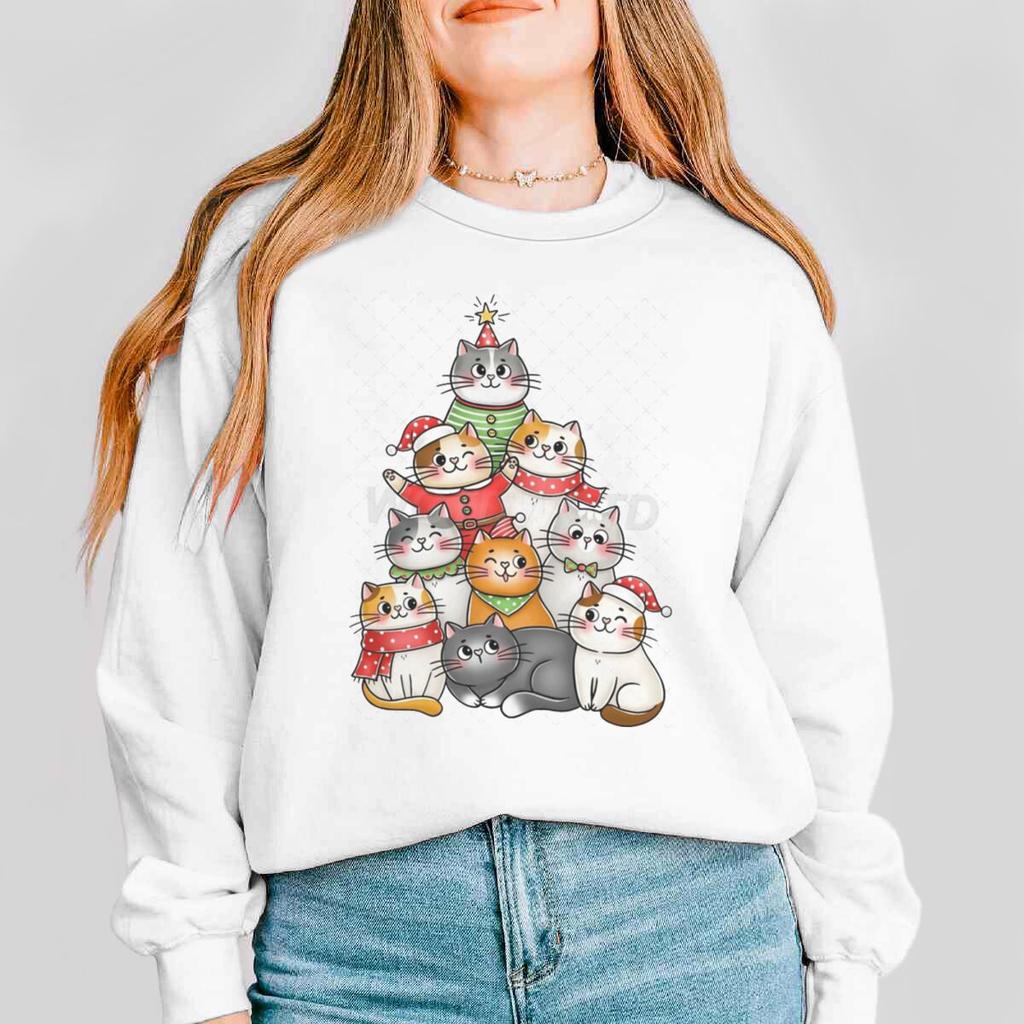 Damen Katze Kawaii Cartoon Sweatshirt Frohe Weihnachten Niedliche Tier-Pullover Lange Ärmel Meowy Christmas Cartoon Kapuzenshirt