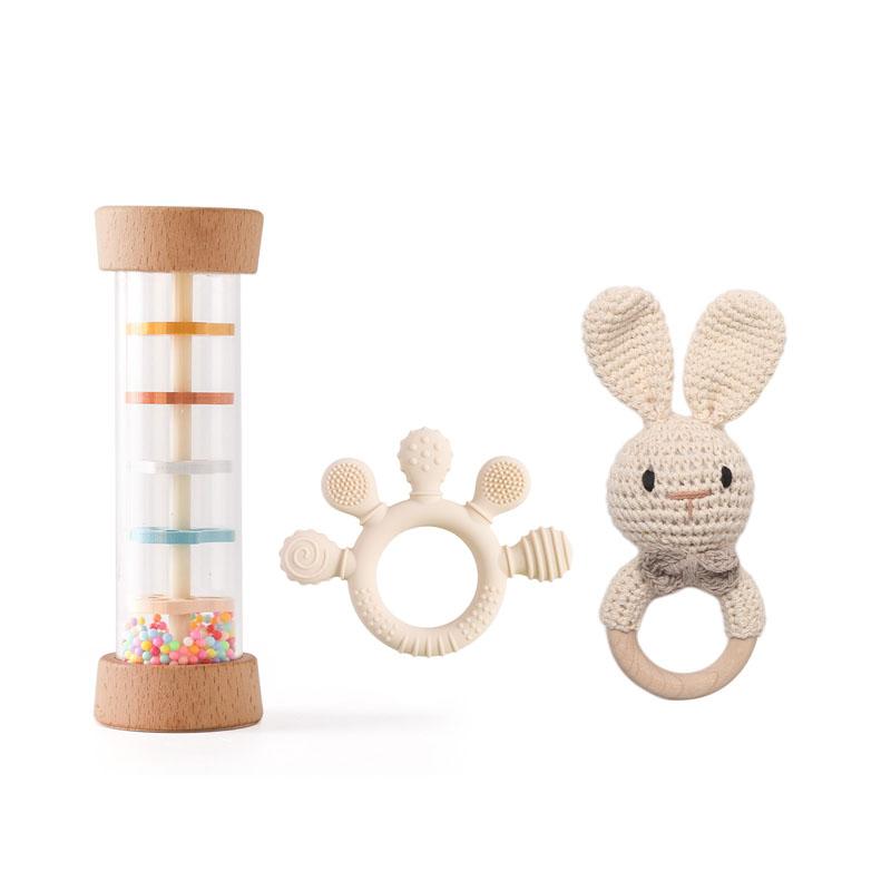 3pcs Rain Stick Rainbow Hourglass Rattle Toys Set BPA Free Silicone Soothing Toys Crochet Animal Wooden Bracelet Teether Toys