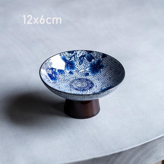 Antiker blau-weißer Dessertteller mit hohem Fuß, Obsthalter, chinesischer Gebäckteller, Tablett, Keramik-Obst-Sanck-Teller, Service-Tablett