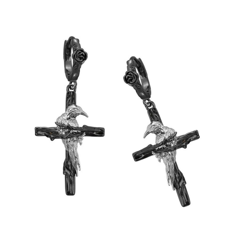 Gothic Cross Raven Punk Earrings Edgy Dark Jewelry Unique Design Ear Studs Alloy Hypoallergenic Ear Jewelry for Women