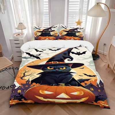 3-częściowy zestaw pościeli Halloweenowej z kotami, Zawiera 1 kołdrę + 2 poszewki na poduszki, Bez wkładów do poduszek, Miękki, Wygodny, Lekki, Oddychający, Prin