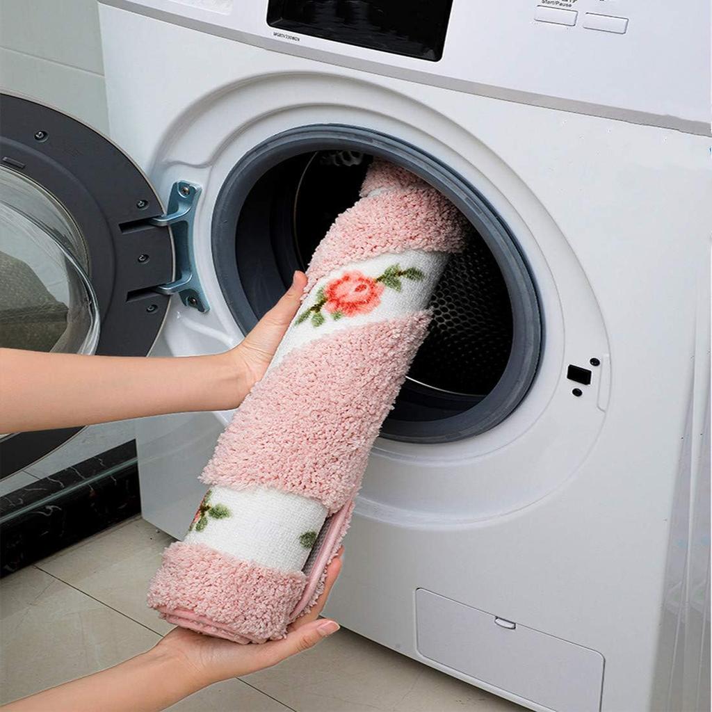 UKELER Non-Skid Floral Rose Bathroom Contour Rugs, Set of 2 Soft Shaggy Non Slip Bath Shower Mat and U-Shaped Toilet Floor Rugs, Pink