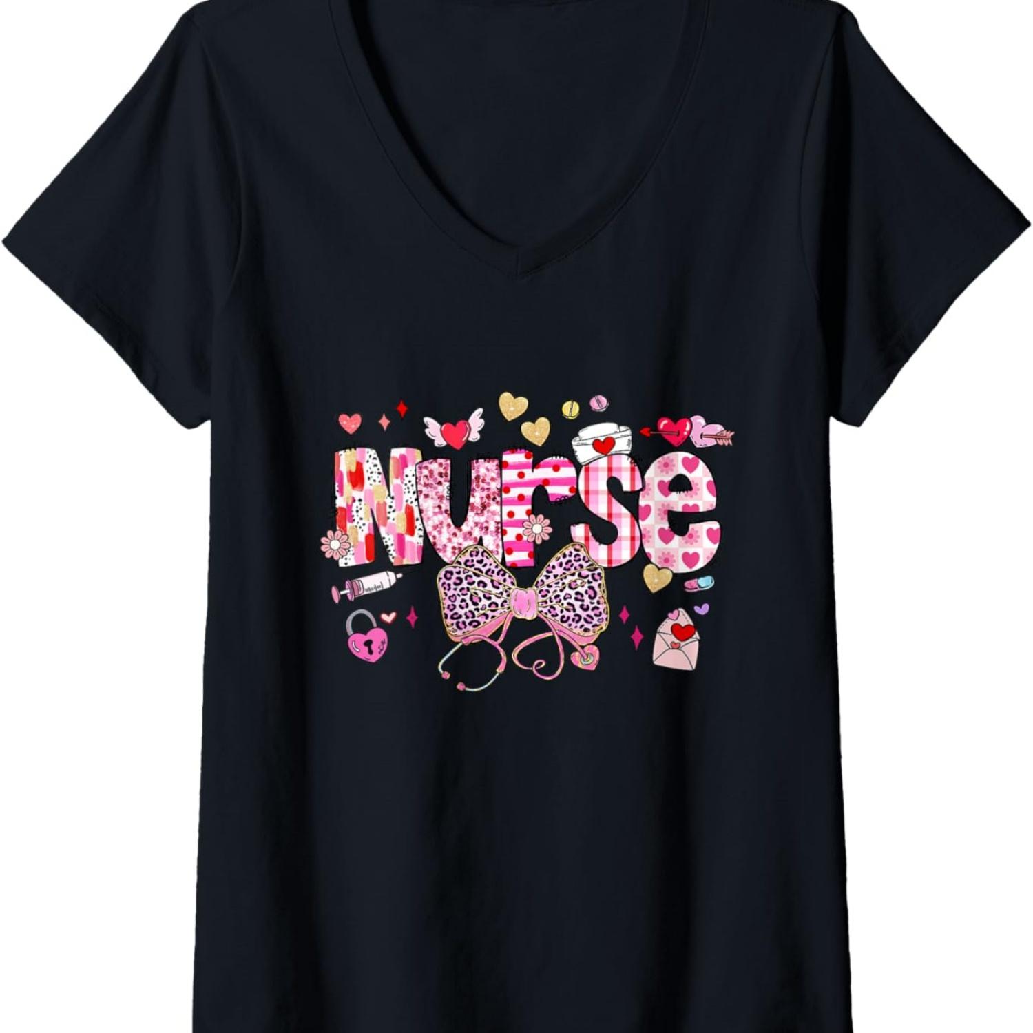 Женская футболка на День святого Валентина, кокетливая медсестра, стетоскоп, бант, V-образный вырез S чёрный