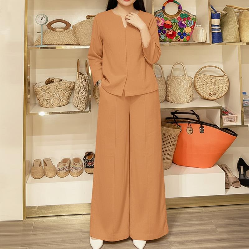 ZANZEA Women Casual Long Sleeve Blouse and Pants Two Piece Suit Sets