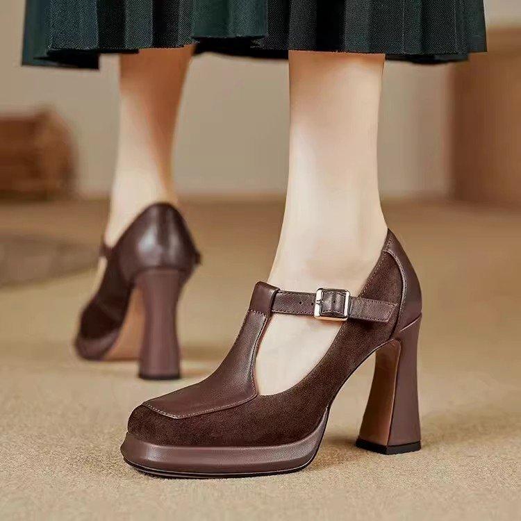 High Heels Women's 2025 Spring and Autumn New Retro T-button Square Head Mary Jane Shoes Waterproof Table Thick Heel Single Shoes Women
