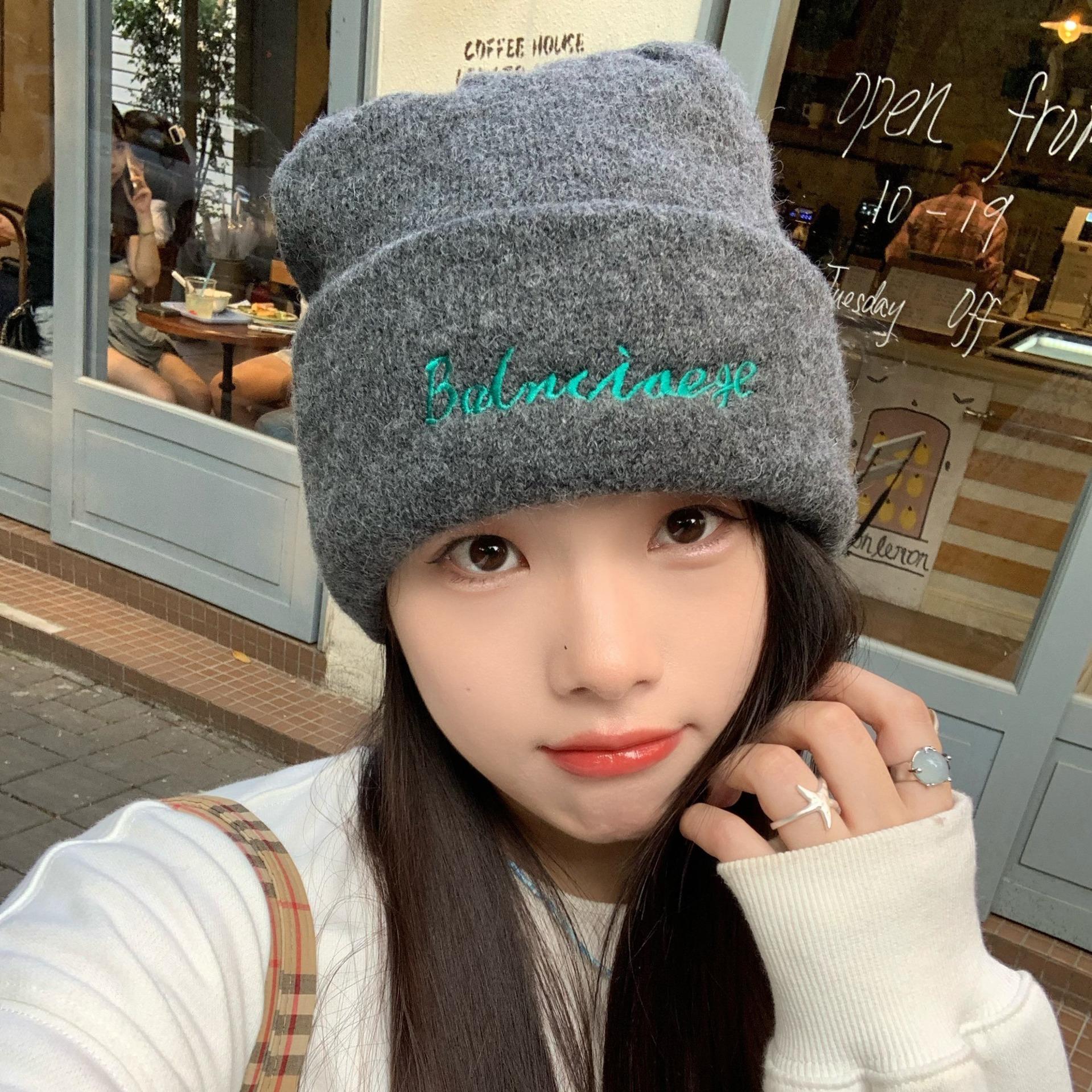 

Embroidered Knitted Hat for Women Wool Blended Wool Hat Autumn and Winter Double Layer Warm Ear Protection Cold Hat Showing Face Small Outdoor