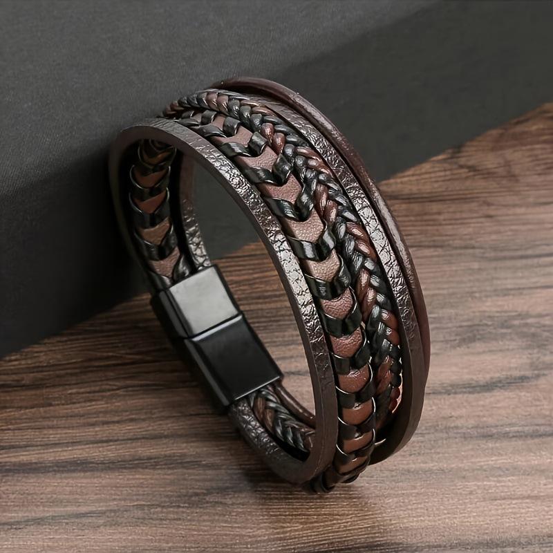 

Violent double-layer woven textured leather bracelet, matte metal buckle, trendy man, dark retro cold style, stacked wrist