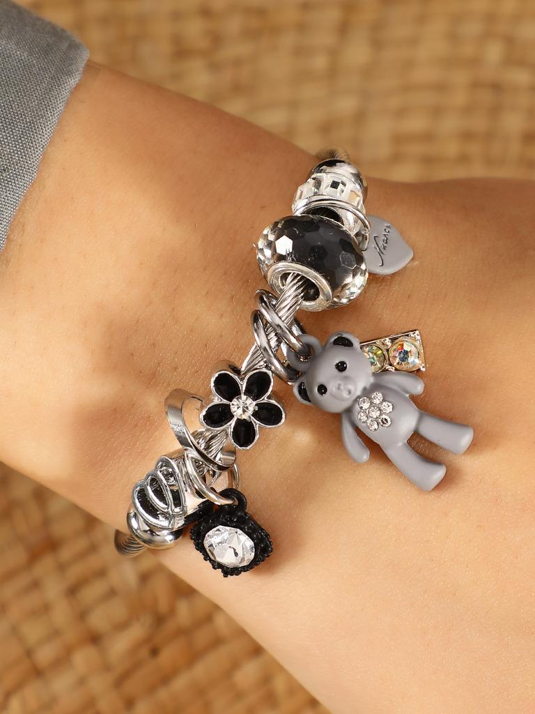 1 Charming Bear Pendant Bracelet with Flower Shining Water Zircon Cuff Bracelet for Women's Creative Holiday Wear Zircon3761