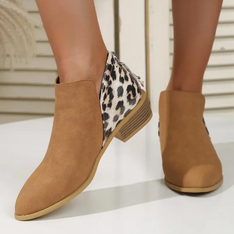 Fashion New Fashion Patchwork Leopard Ankle Boots Women Back Zipper Low Heels Short Boots Woman Autumn Pointed Toe Booties Plus Size