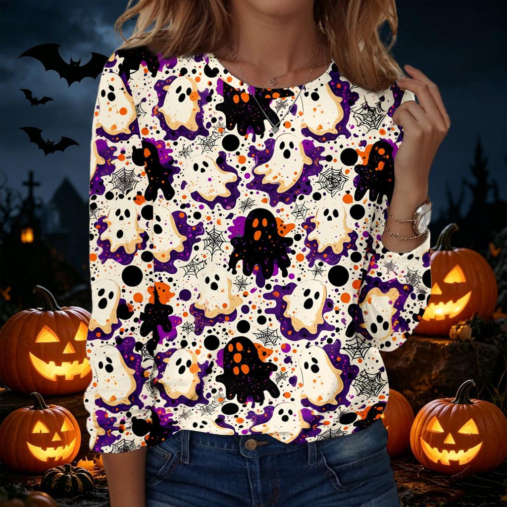 Women's Halloween Print Pullover Sweatshirt Crew Neck Long Sleeve Casual Loose Fit Top for Fall and Winter
