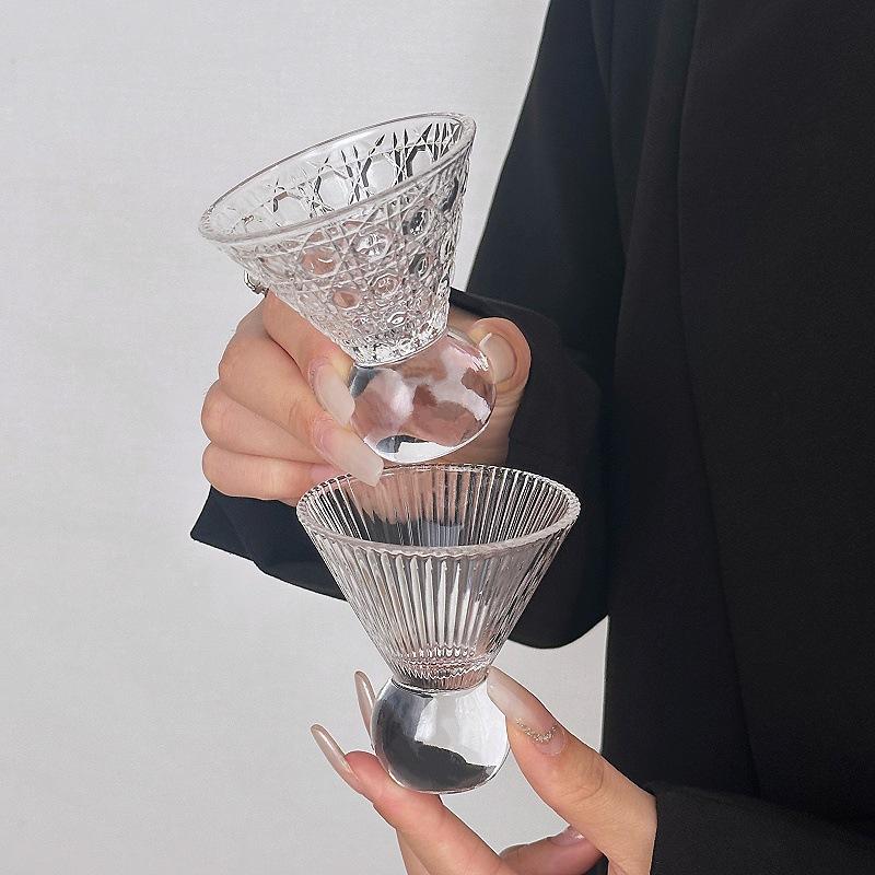 Retro Gem Pattern High Stem Glass Cup for Ice Coffee Juice Bubble Water Drinkware Nordic Sle Pure Color Universal Cup