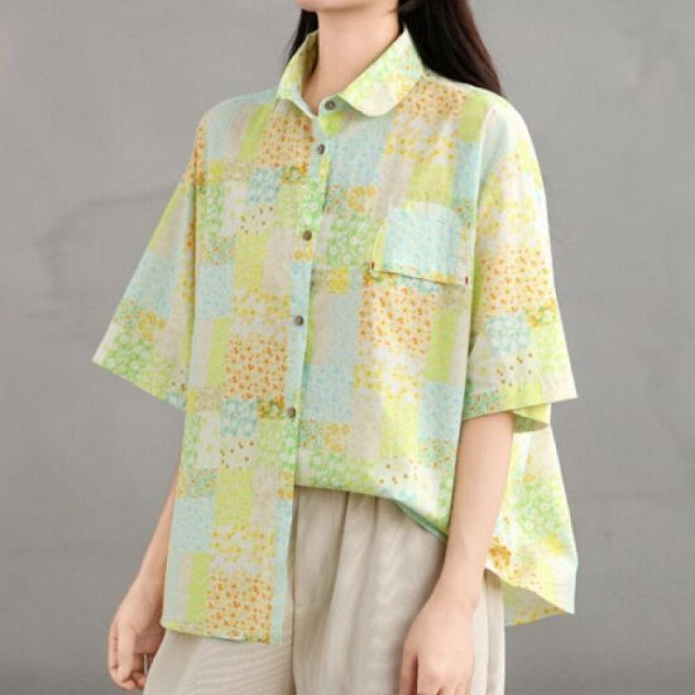 Navava Women Retro Pattern Loose Fit Short Sleeve Shirt Nb2661