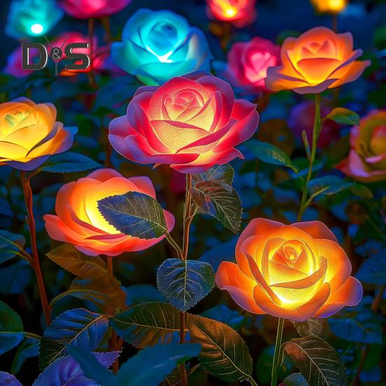 4Pcs Solar Powered Rose Lamp High Efficiency LED Waterproof Outdoor Garden Stake Light with 3D Rose Design