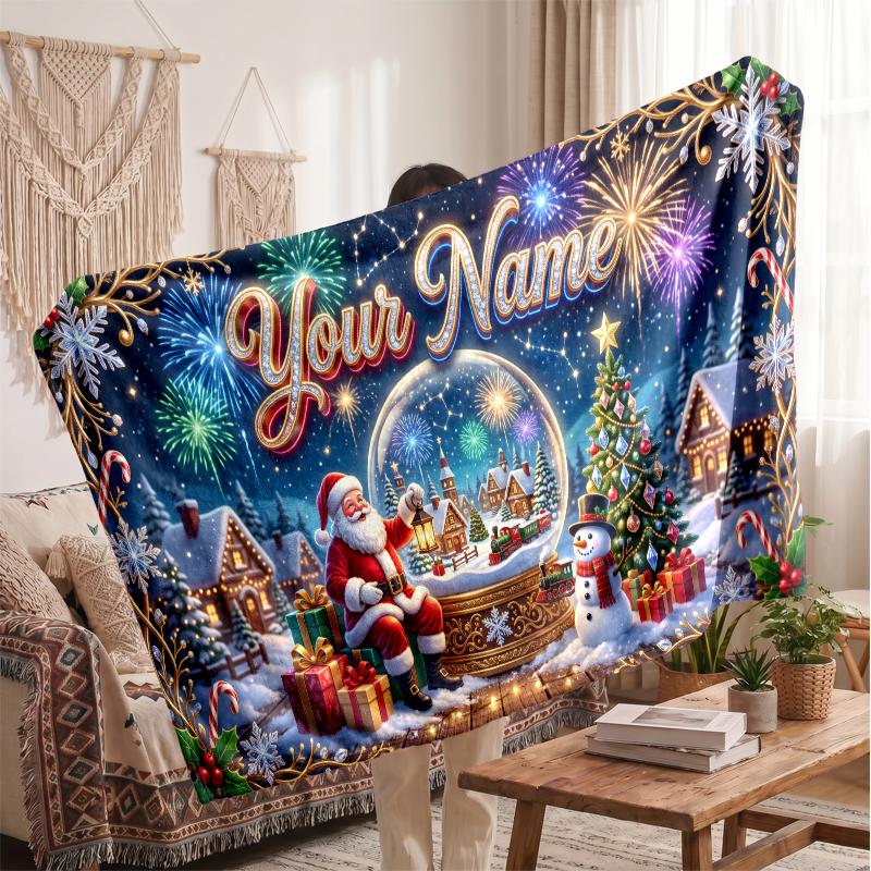 Christmas Custom Name Printed Flannel Blanket Warm Comfort Bed Throw Home Decor Holiday Gift