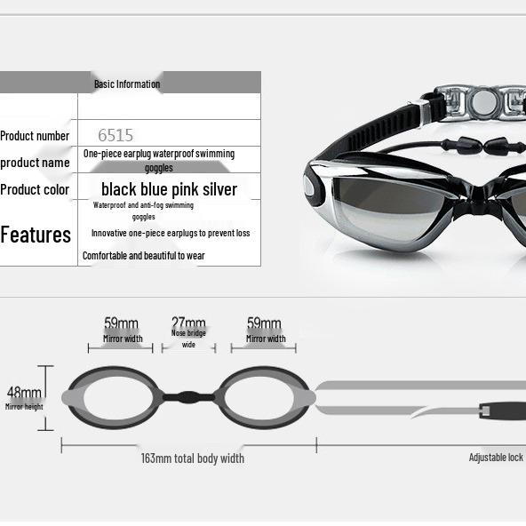 HD Waterproof Anti-Fog Swim Goggles with Large Electroplated Mirror Lens and Earplugs for Men and Women