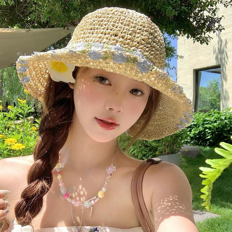 Pearl straw hat summer travel sunscreen sunshade bucket hat new straw seaside vacation net red hat