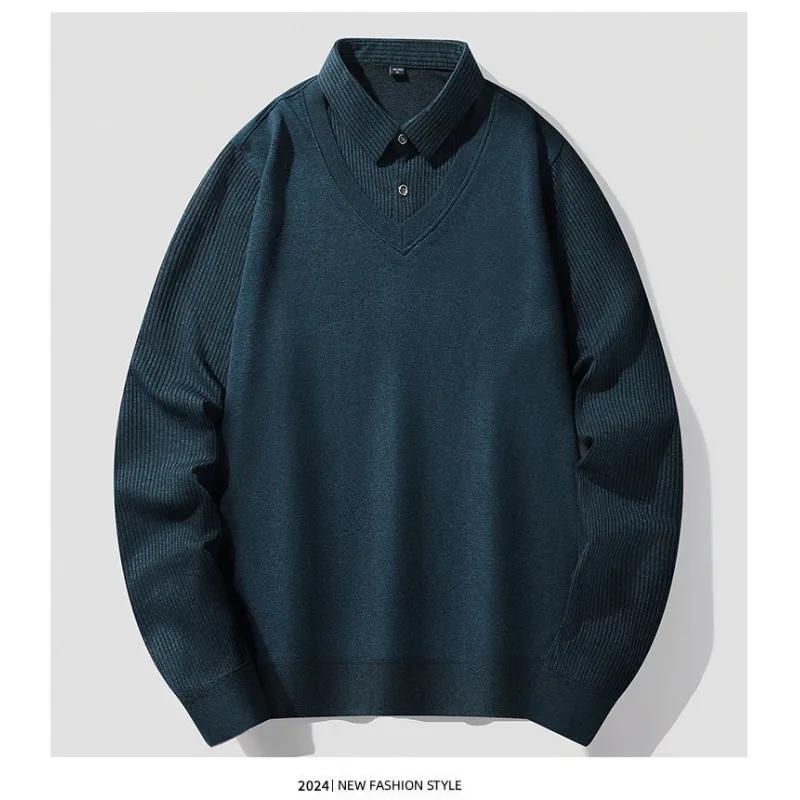 

Осень Зима Мужской Пуловер Пэчворк Мужской Среднего Возраста Молодежный Свитера Мужской Воротник Поло Имитация Двойки Трикотаж Базовая Рубашка Мужской Свитер XXXL