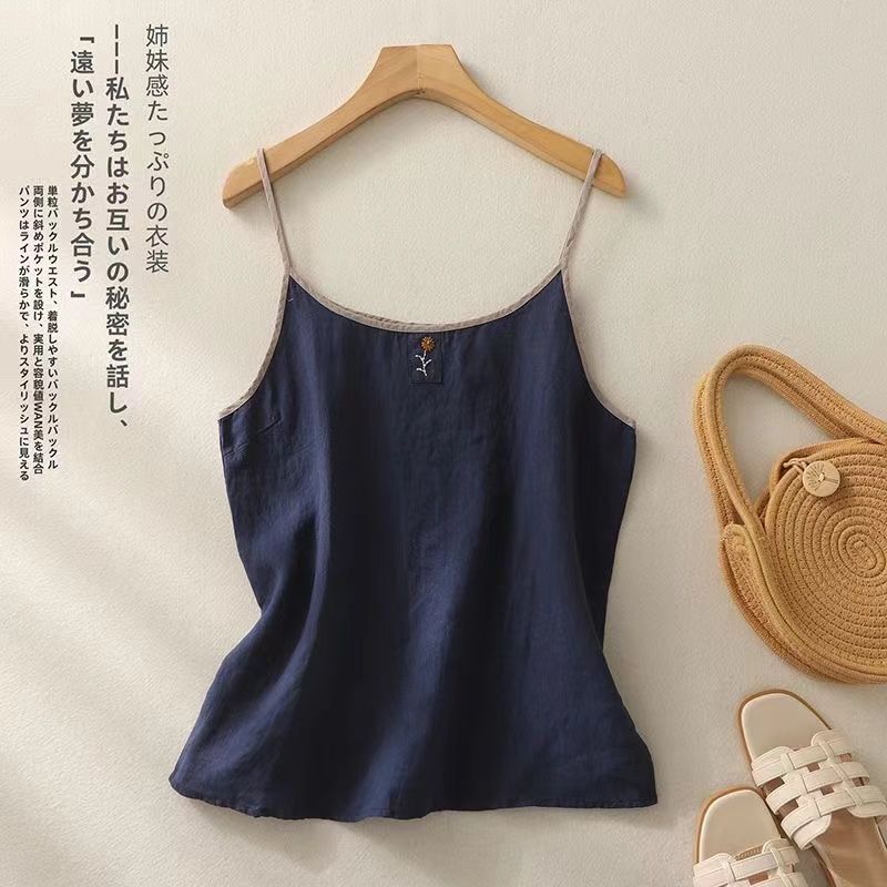 Vintage Embroidered Linen Camisole Women Summer Loose Casual Simple Sleeveless Top
