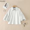 ZANZEA Women Casual Turn Down Collar Loose Puff 3/4 Sleeve Plain Blouse