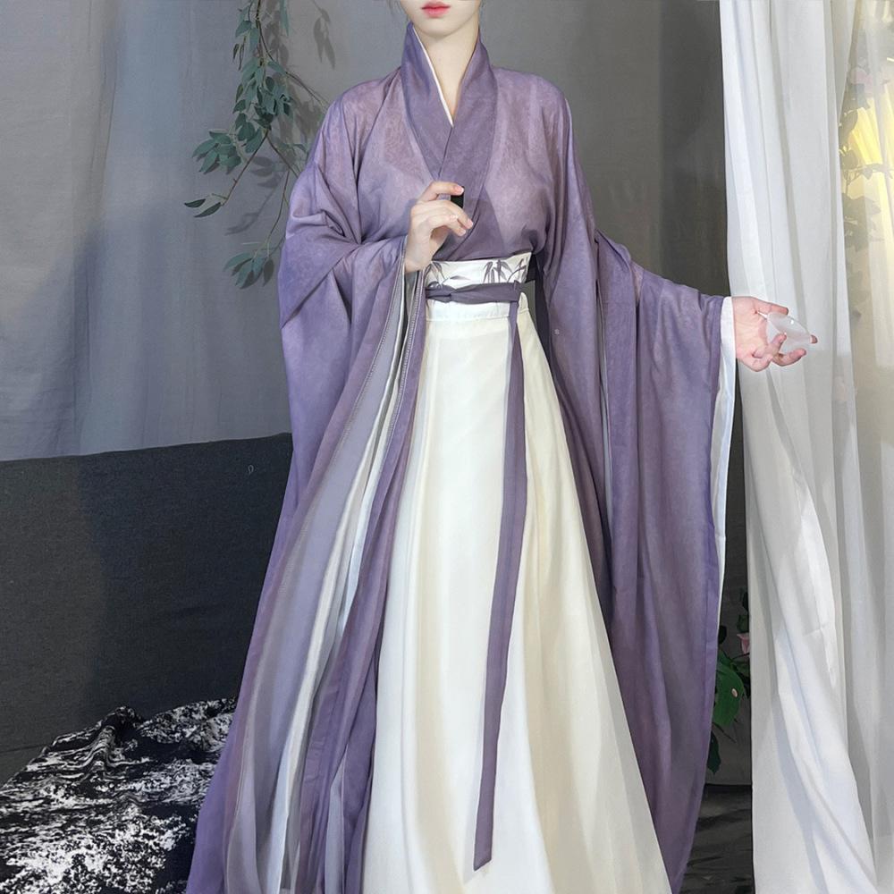 Denní dámský oblek čínské dynastie Wei a Jin ve stylu Hanfu s potiskem