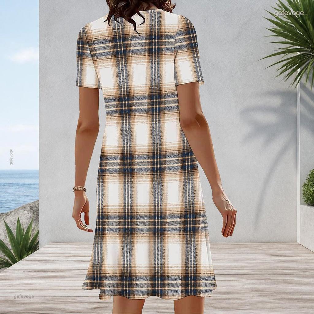 Women s Plus Size White Blue Polka Dot Printed Round Neck Short Sleeve A Line Dress