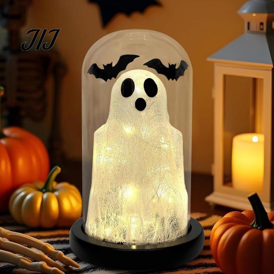 Tabletop Halloween Decor Light Up Ghost in Dome Cloche, Cute Night Desktop Centerpiece for with Bats Home Kitchen Mantel Holiday Party Wireless