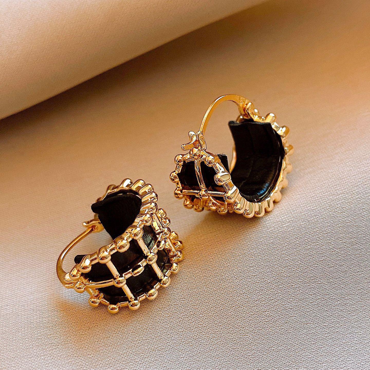 18k real gold leather geometric earrings, ear buckles, European and American fashion personalized earrings, women