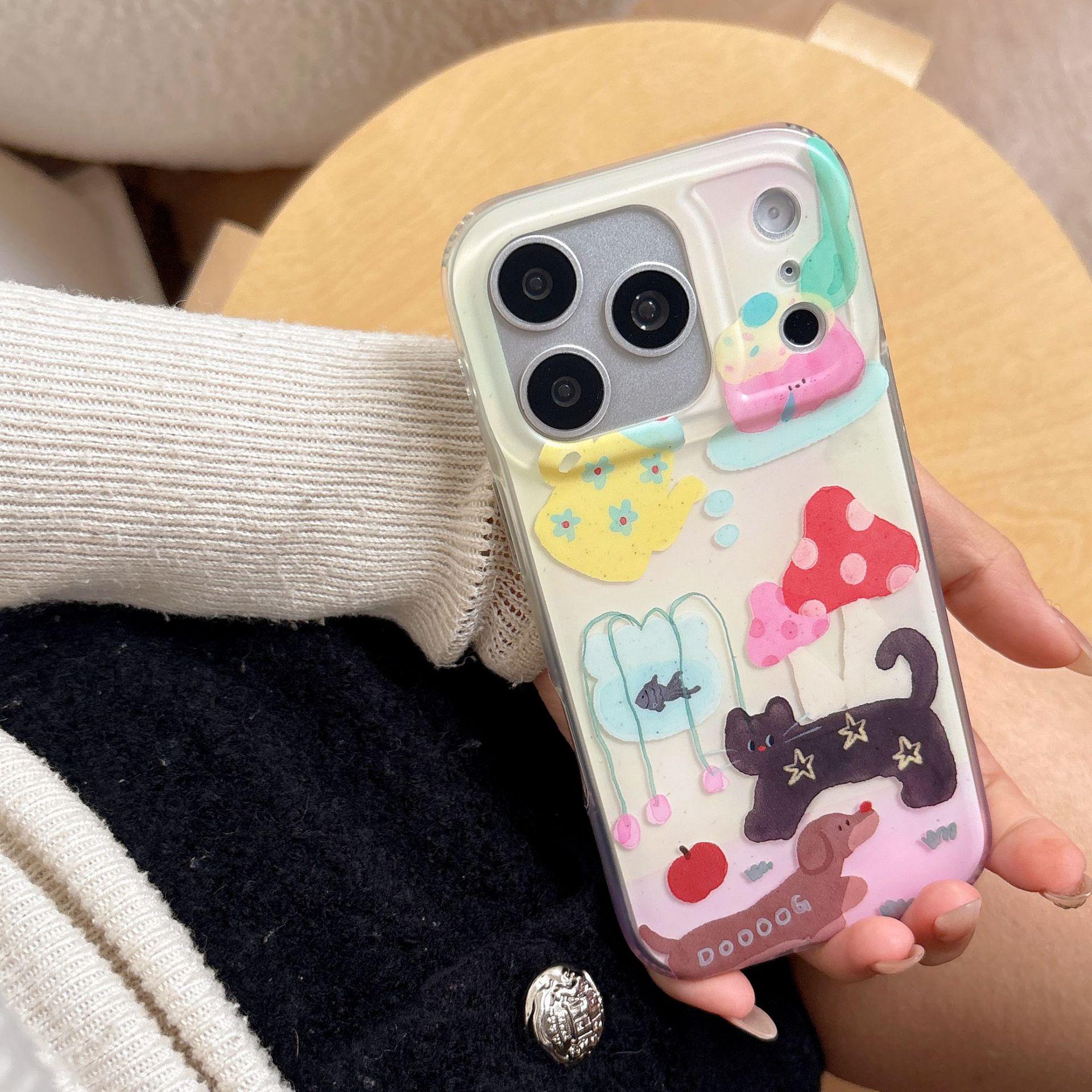 

Hobby Ins Oil Painting Cute Mushroom and Black Cat iPhone Case for 17 Pro Max/16/17/Apple 15 iPhone 15 Pro