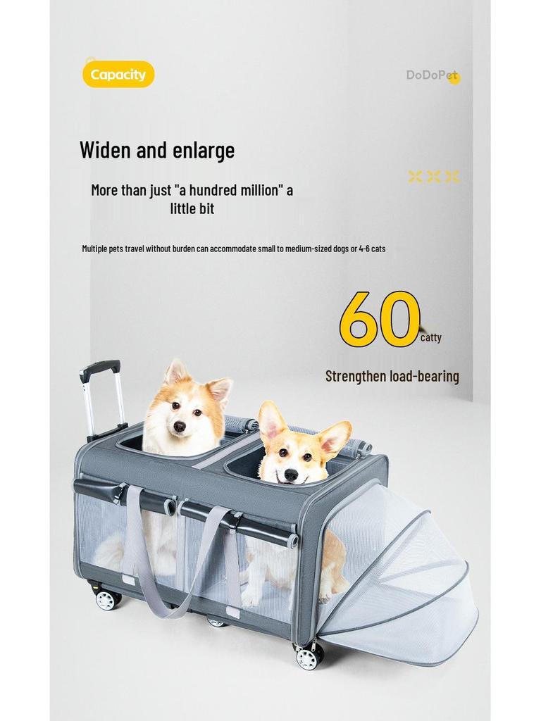 Two-Compartment Large Capacity Pet Trolley with Portable Cat Bag & Detachable Dog Bed