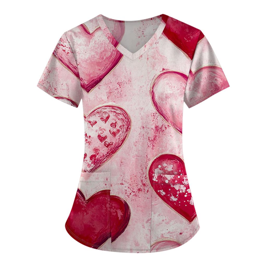 Women's Fashion V-Neck Short Sleeve Overalls With Pocket Valentine's Day Printed Tops  Clothes