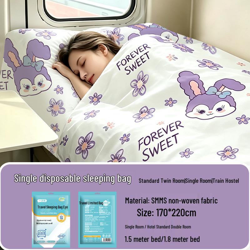 Purple Disposable 4-Piece Non-Woven Bedding Set: Bed Sheet & Duvet Cover for Hotel or Travel. Ideal for Comfortable, Naked Sleeping.