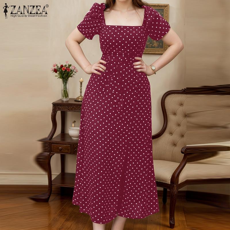 ZANZEA Women Casual Square Collar Short Sleeve Polak Dot Print Dress