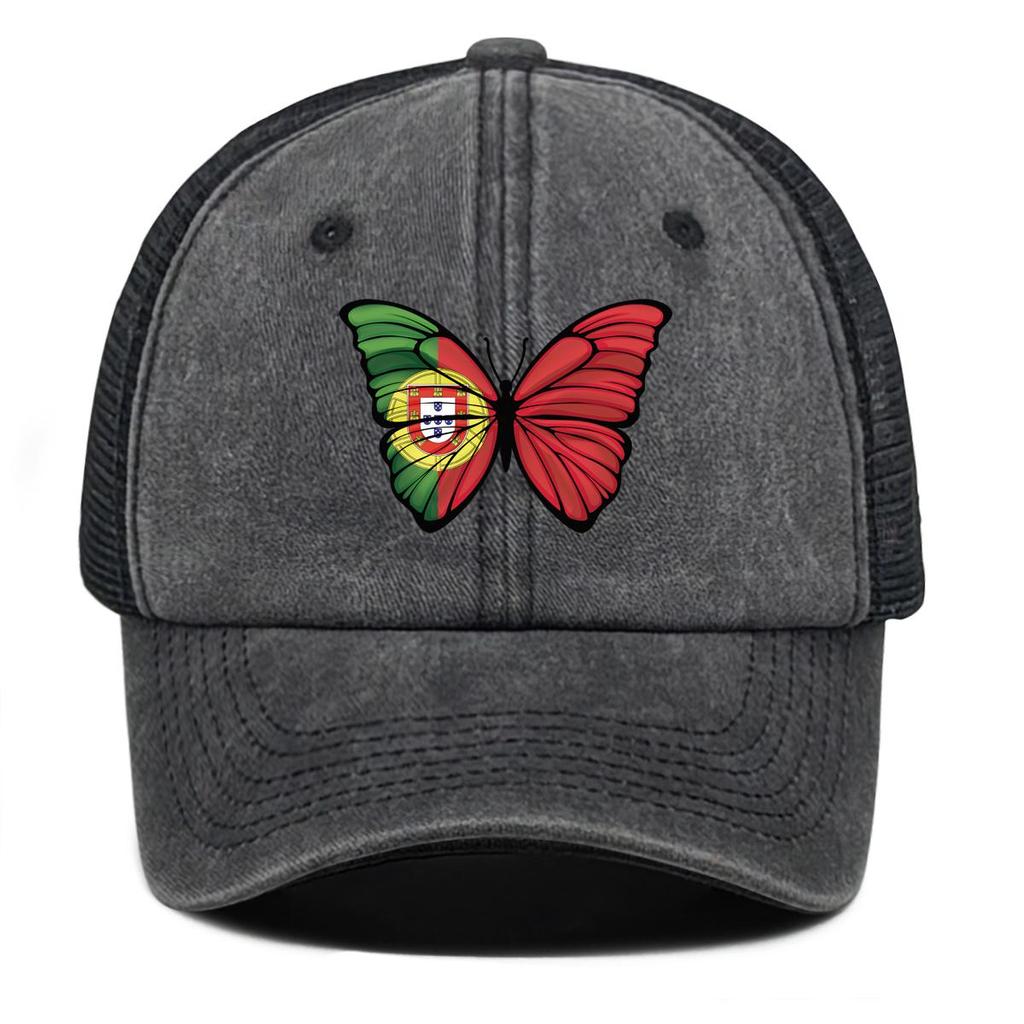 Butterfly Flag of Portugal Print Snapback Trucker Hat,Sunshade Non-Stretch Fabric Adjustable Baseball Hat
